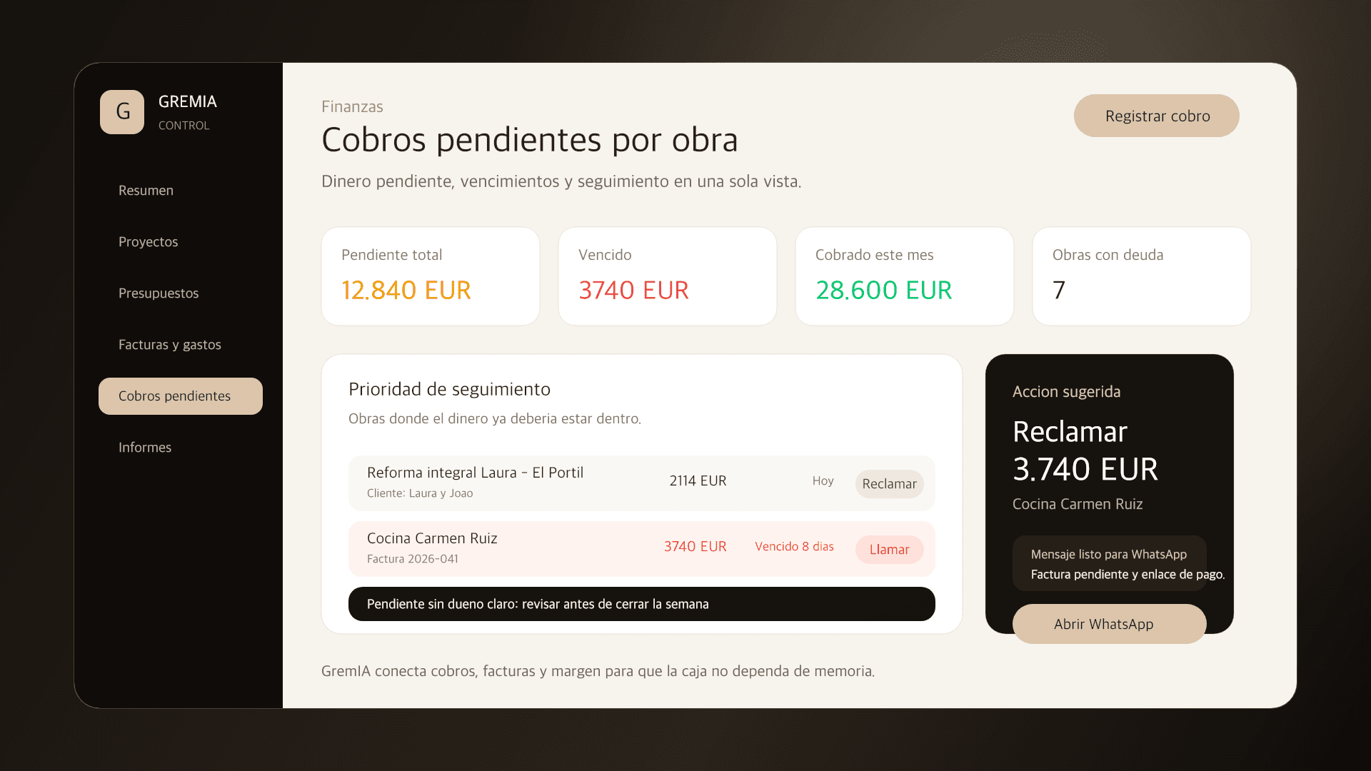 Vista económica de GremIA para revisar cobros pendientes, costes, resultado y margen por obra