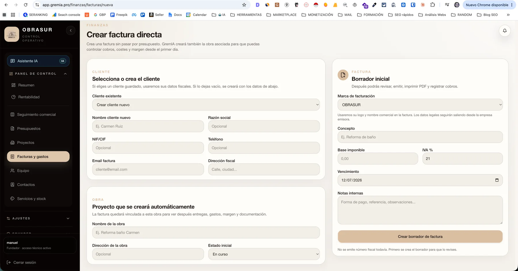 Pantalla de GremIA para crear factura directa con cliente, concepto, base imponible, IVA, vencimiento y proyecto asociado