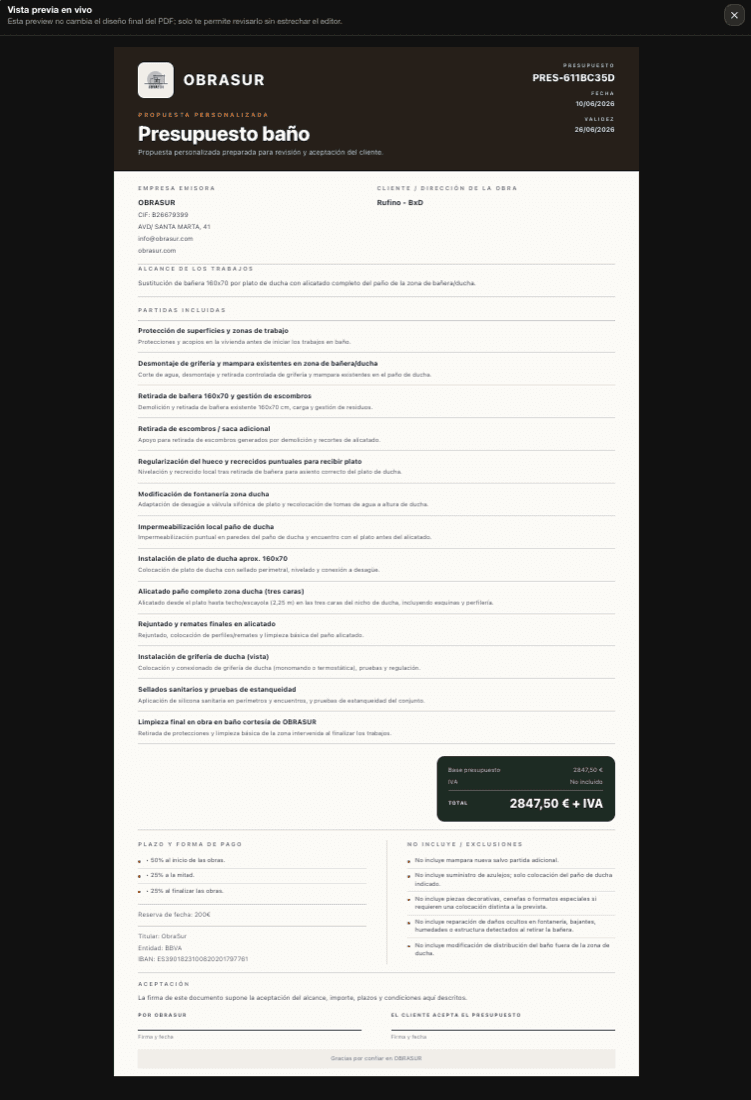 Vista previa completa de presupuesto PDF profesional