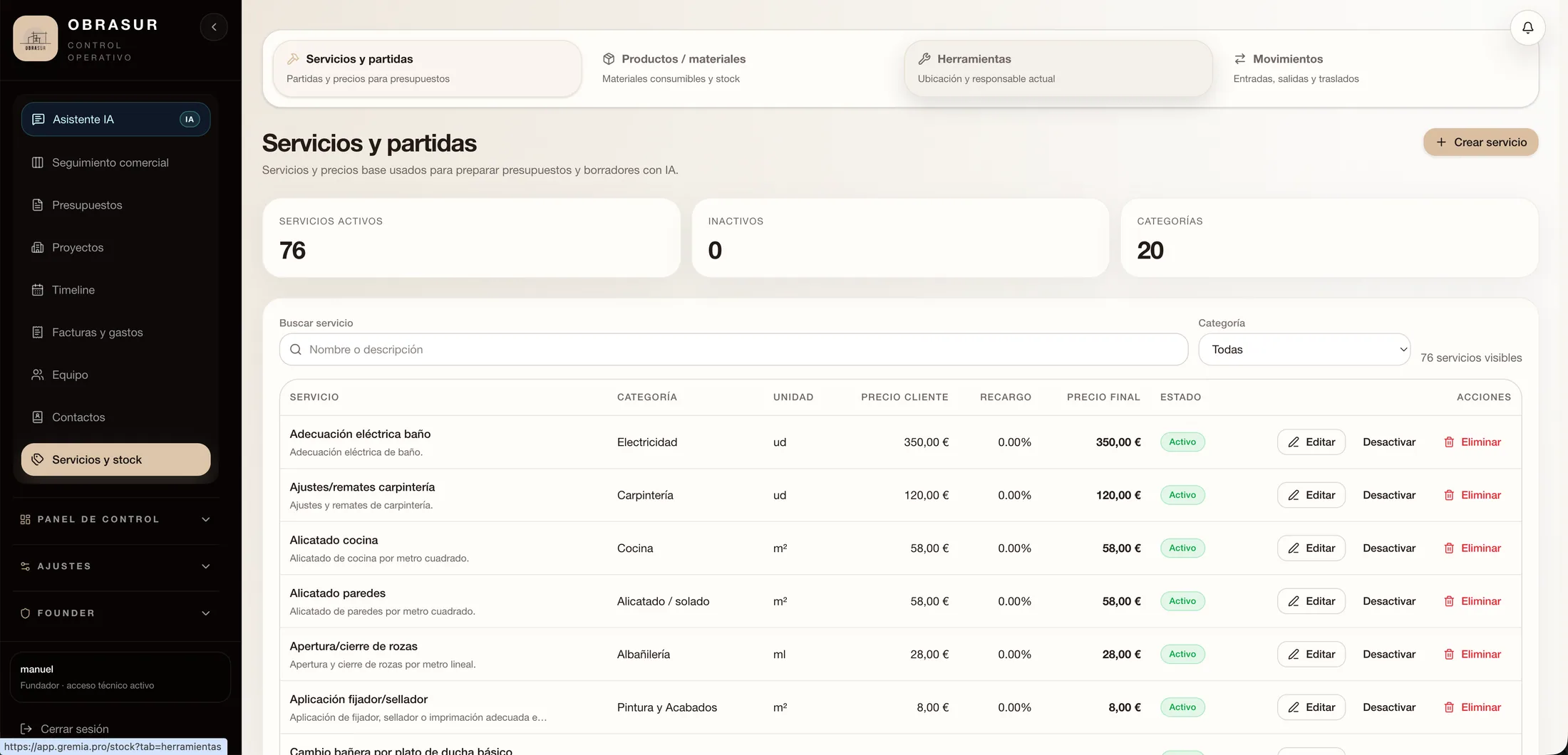 Catálogo de servicios y partidas de GremIA con unidades, precios, categorías y estado