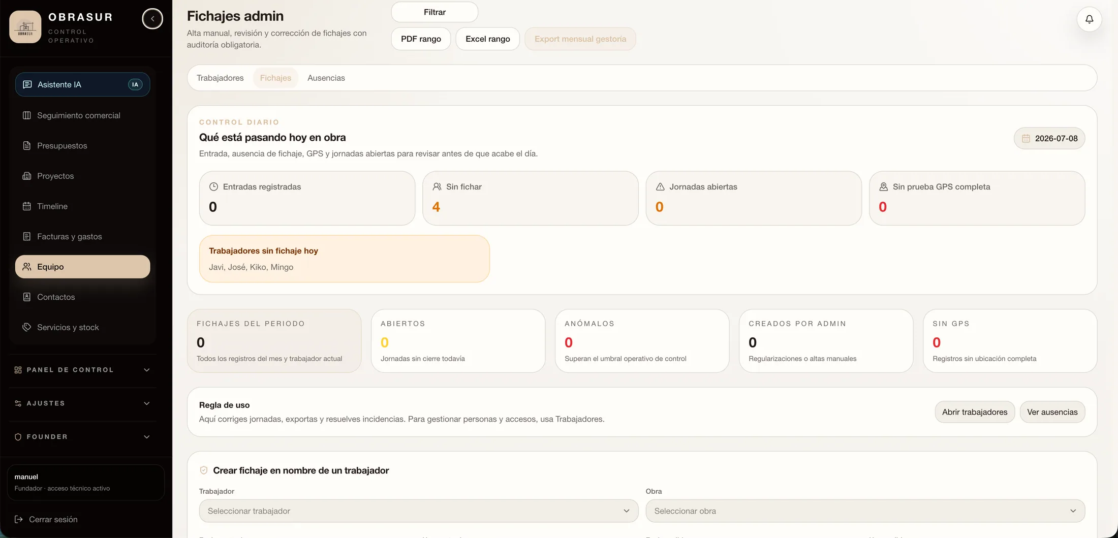 Pantalla de GremIA para equipo de obra con fichaje, partes diarios, fotos y actividad móvil