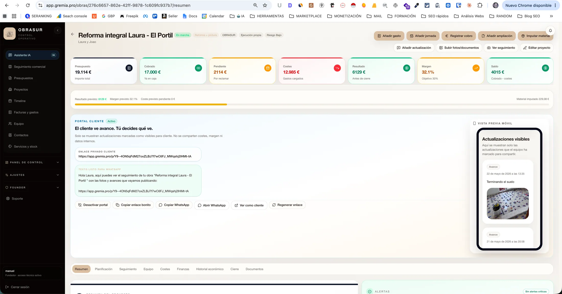 Proyecto de obra en GremIA con presupuesto, cobros, costes registrados, margen, portal cliente y carpeta de documentos