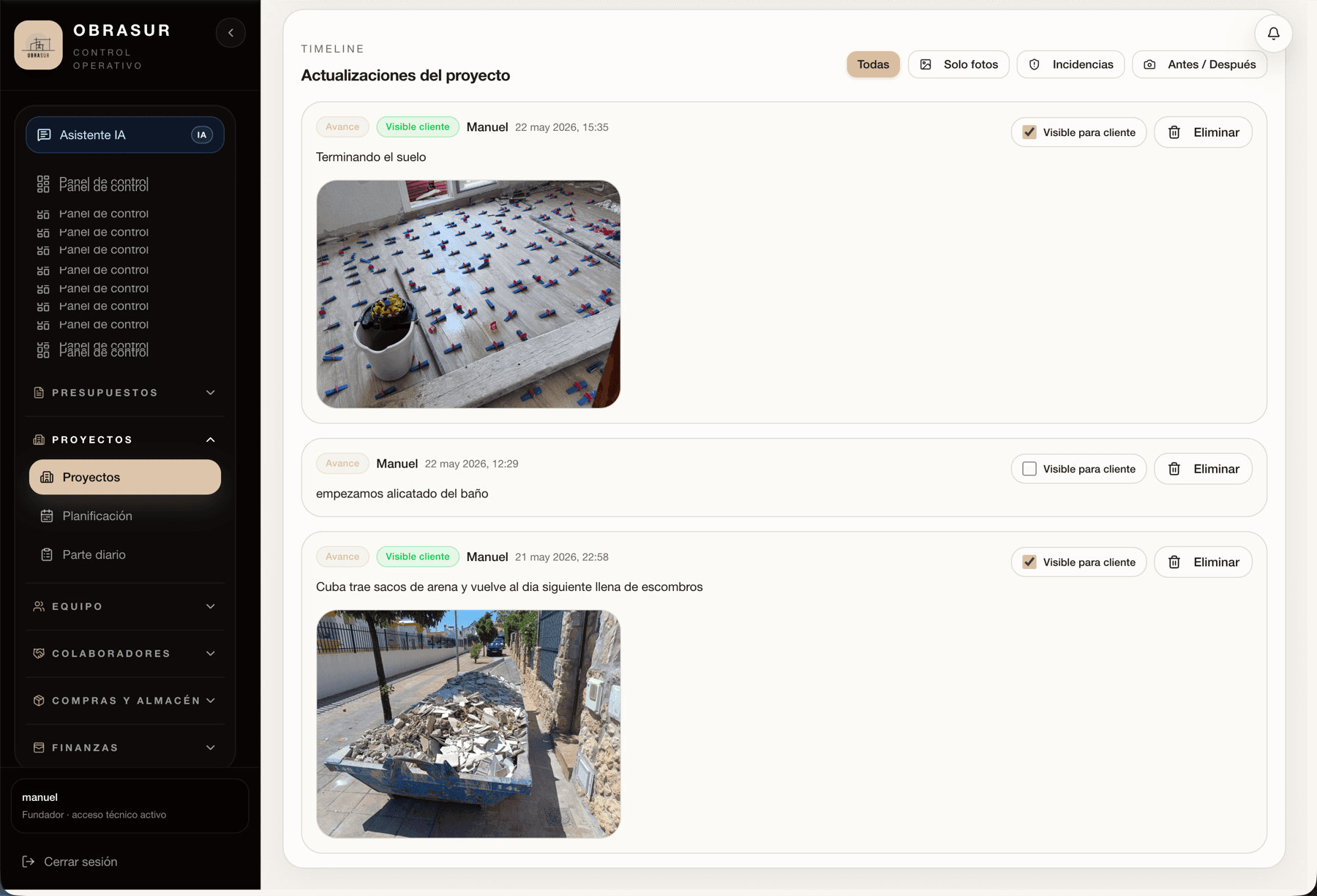 Actualizaciones de obra en GremIA con fotos y visibilidad para cliente