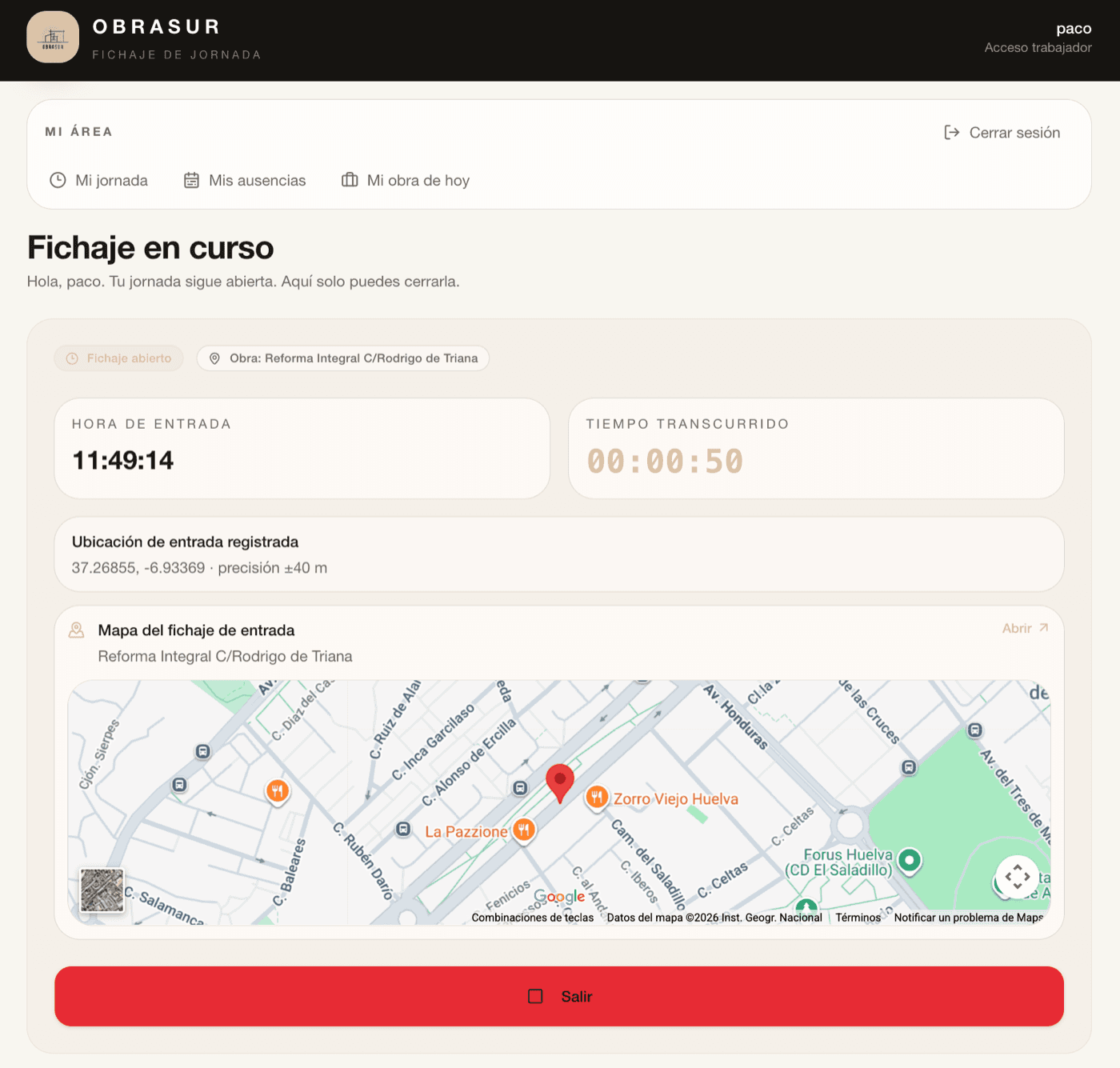 Pantalla de fichaje geolocalizado en GremIA desde el móvil